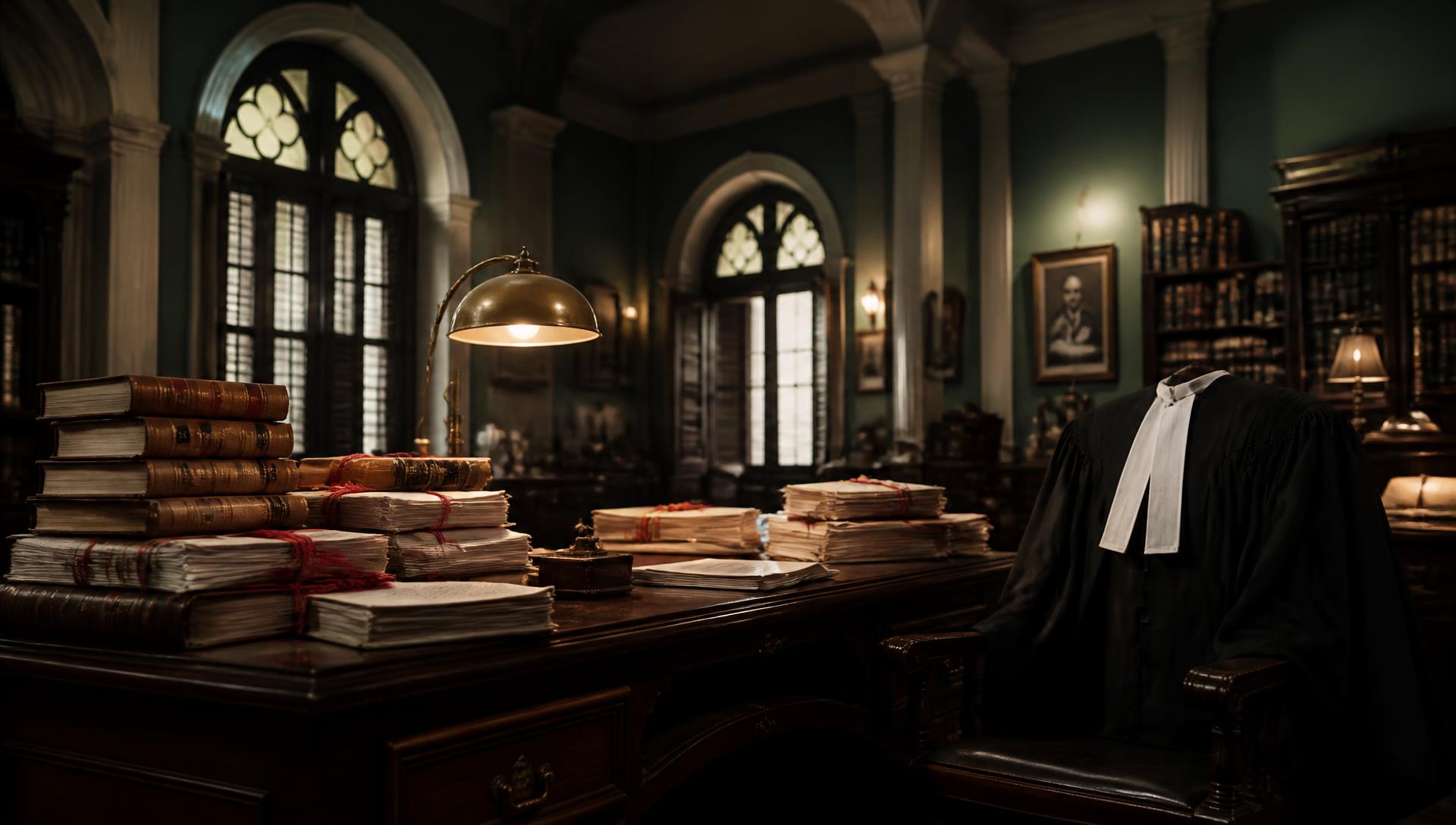 An advocate's chambers at dusk, lined with law reports and case files