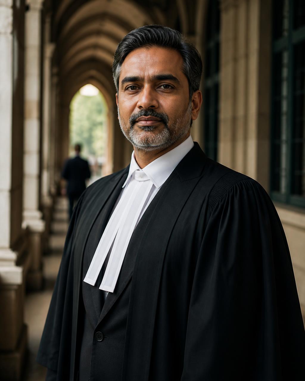 An advocate at work in a chambers library lined with law reports