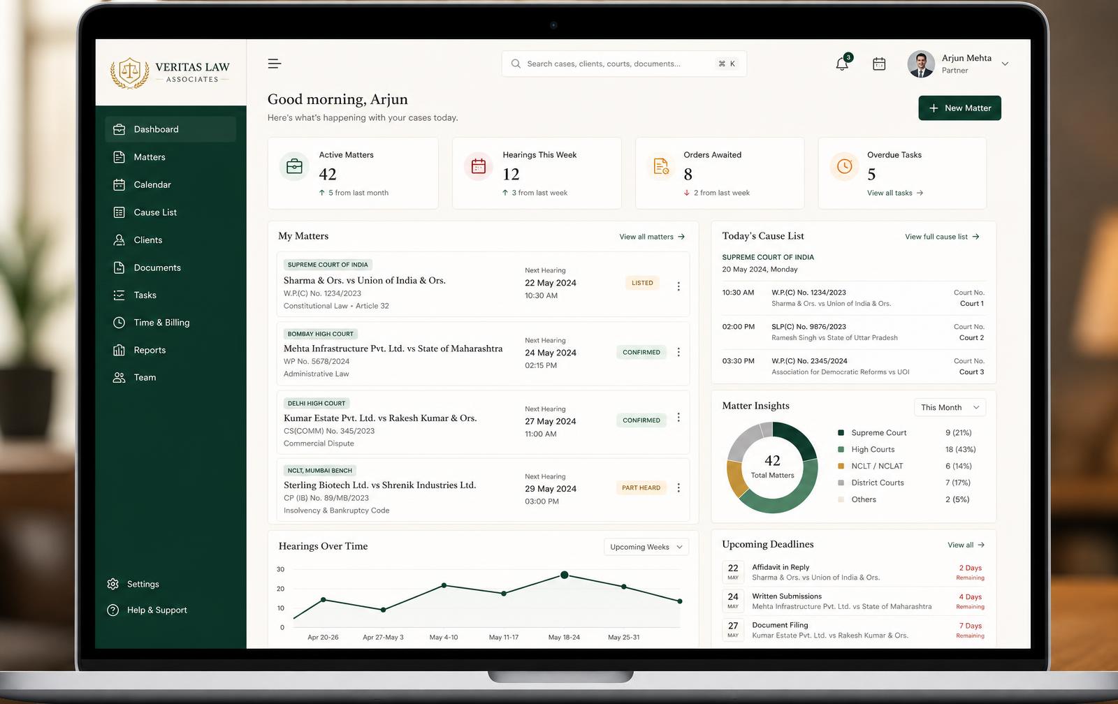 Product preview: a matter workspace showing the hearing timeline, research panel and billing summary